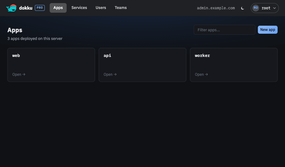 The Dokku Pro dashboard listing deployed applications