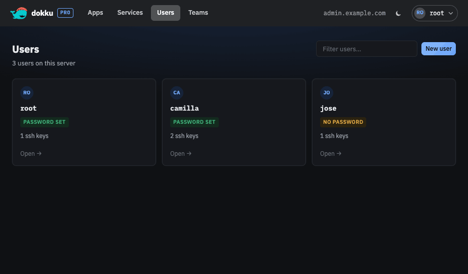 The users list showing each user account