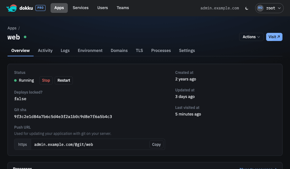 An app's Overview tab showing its status row and the Actions menu