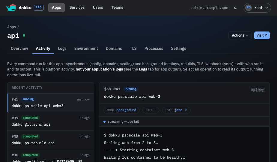 The Activity tab listing an app's recent commands in a master-detail layout