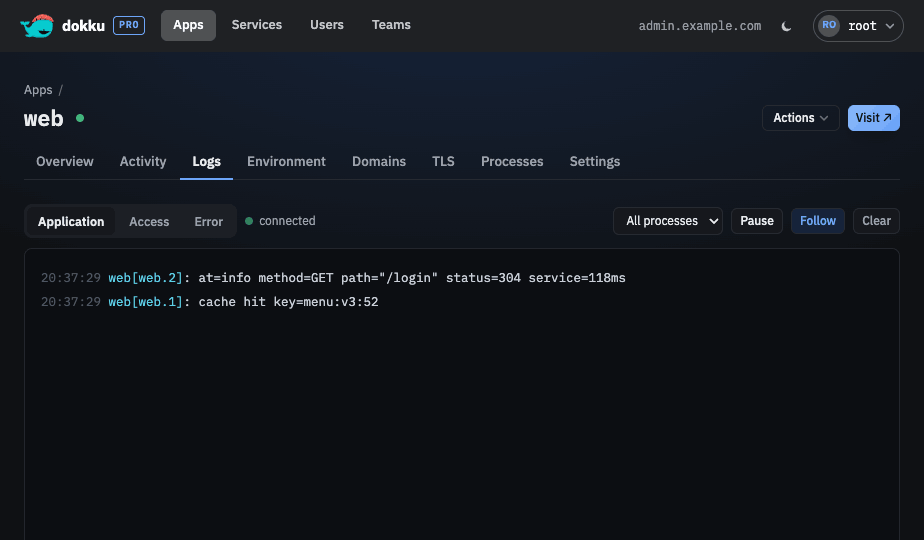 The Logs tab streaming application output with a source selector and follow controls