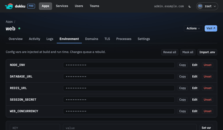 The environment variables Rows view with masked values and per-variable staging chips
