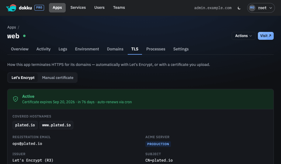 The TLS tab switching between Let's Encrypt and a manual certificate