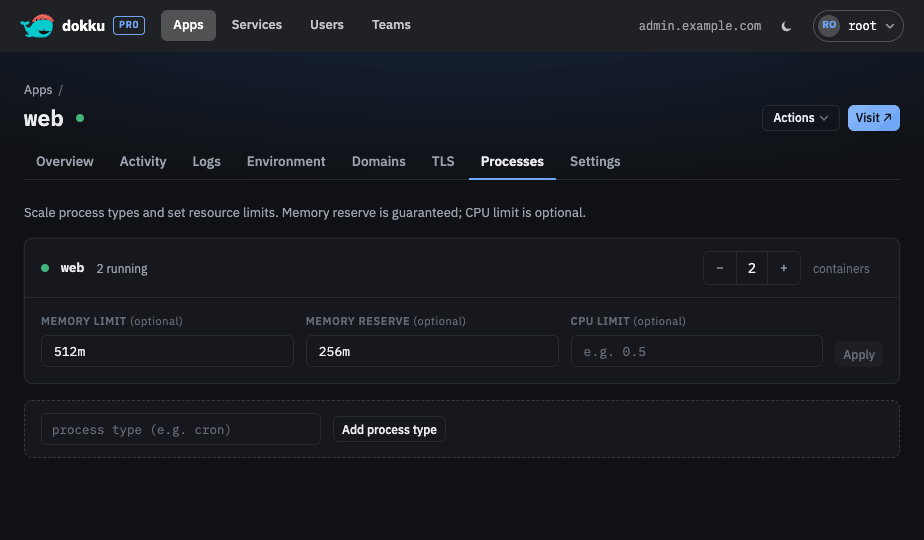 The Processes tab showing per-process-type scaling and resource limits