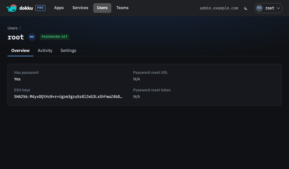 A user's detail page showing password status, SSH key fingerprints, and reset link