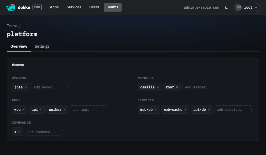 A team's edit page with type-ahead pickers for owners, members, apps, services, and commands