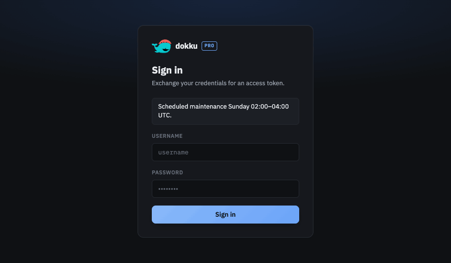 The Dokku Pro sign-in screen with username and password fields
