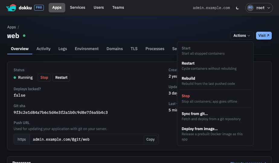 The app Actions menu open with the Sync from git option highlighted