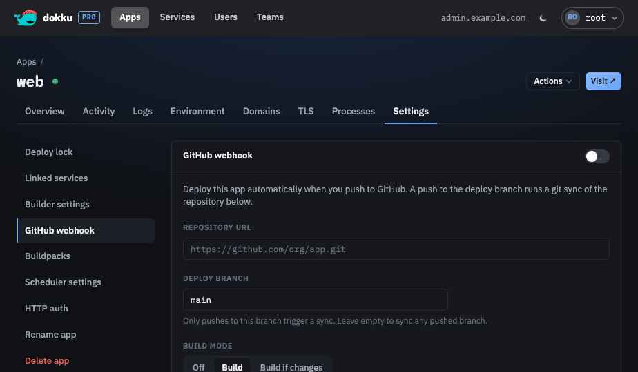 The GitHub webhook settings form showing the Enabled, Repository URL, Deploy branch, and Build mode fields