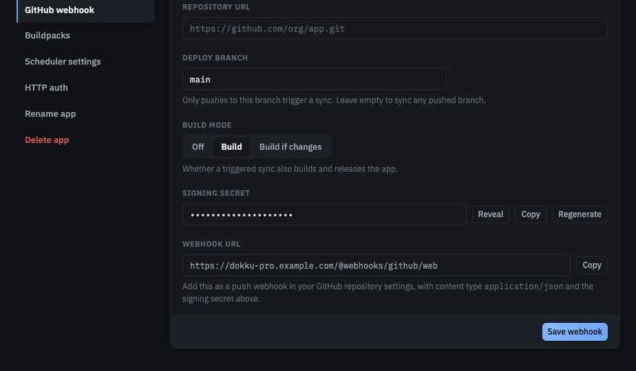The signing secret and read-only webhook URL, with reveal and copy controls