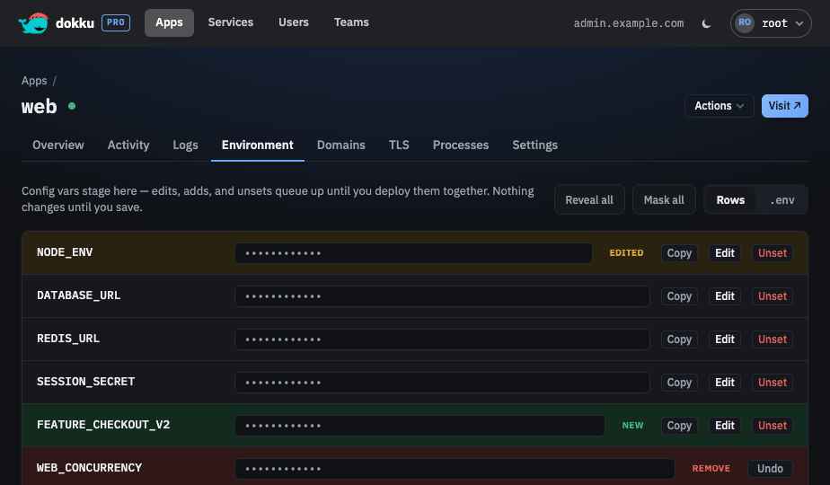 Staged environment variable changes shown as chips before deploying