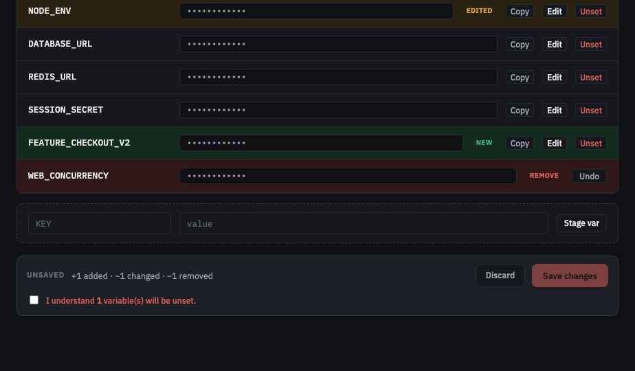 The commit bar summarizing pending environment changes before deploying them together