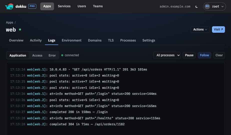 The app Logs tab streaming live application output over a WebSocket