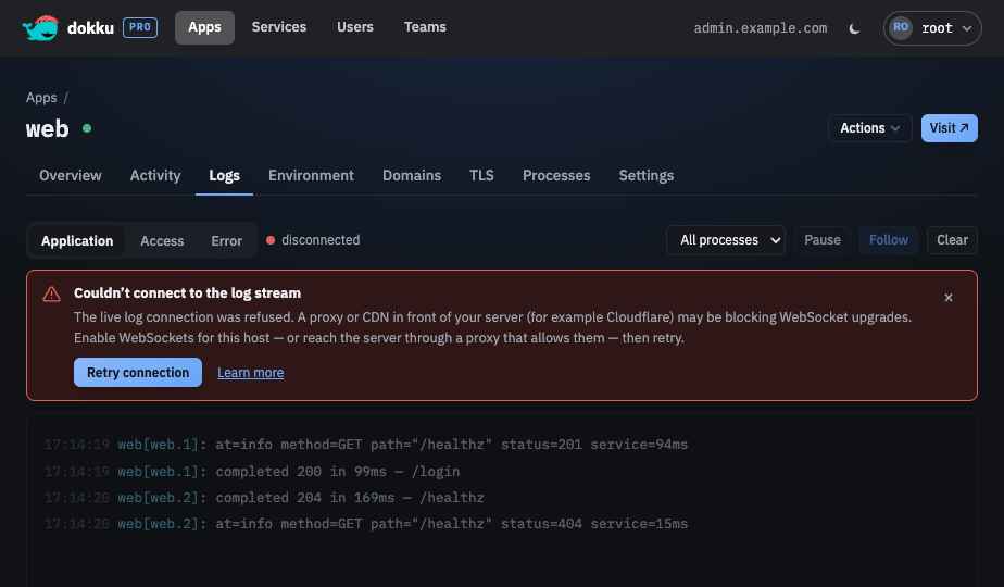 The Logs tab showing a WebSocket connection-error banner with a Retry button