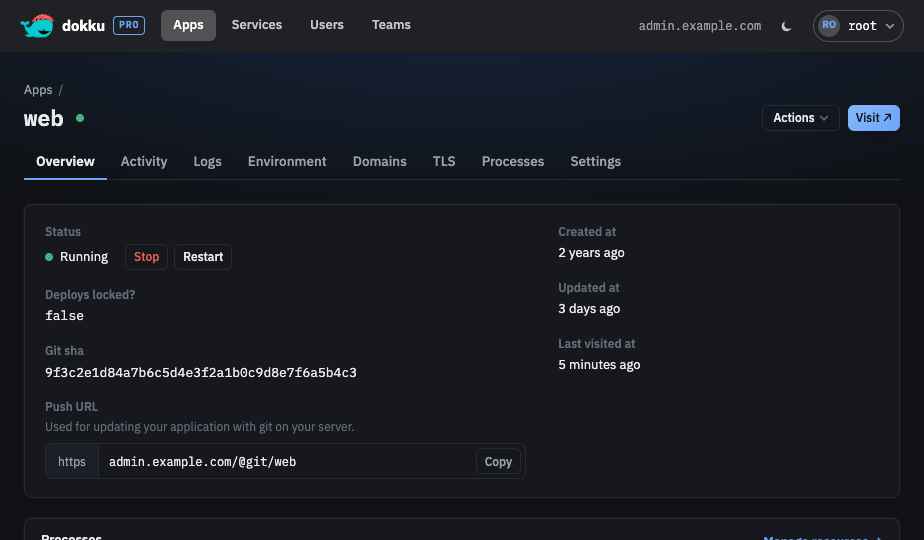 An app page showing the git push URL to deploy over HTTP