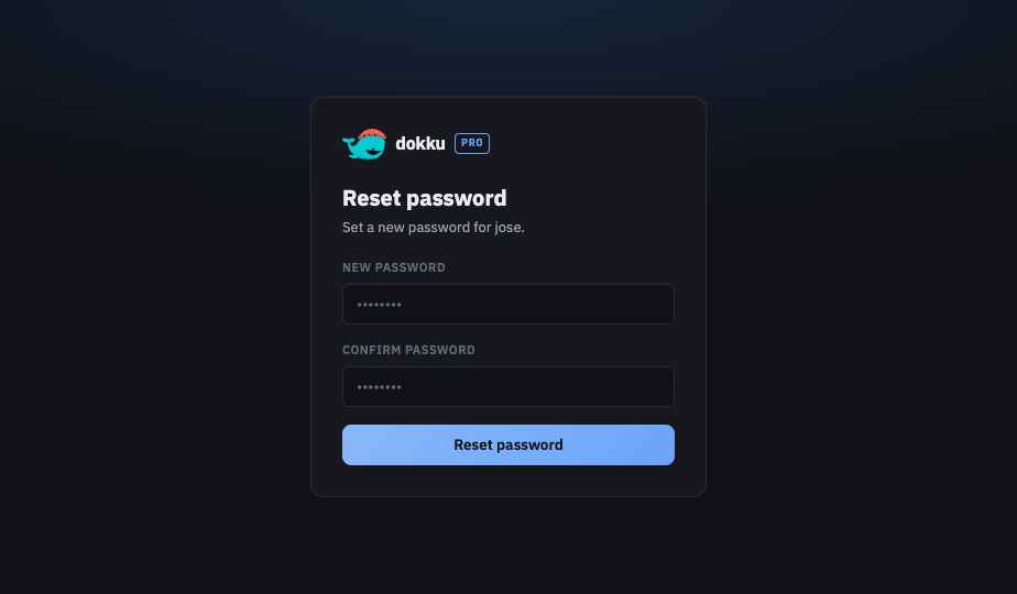 A user's page showing the generated single-use password reset link and token