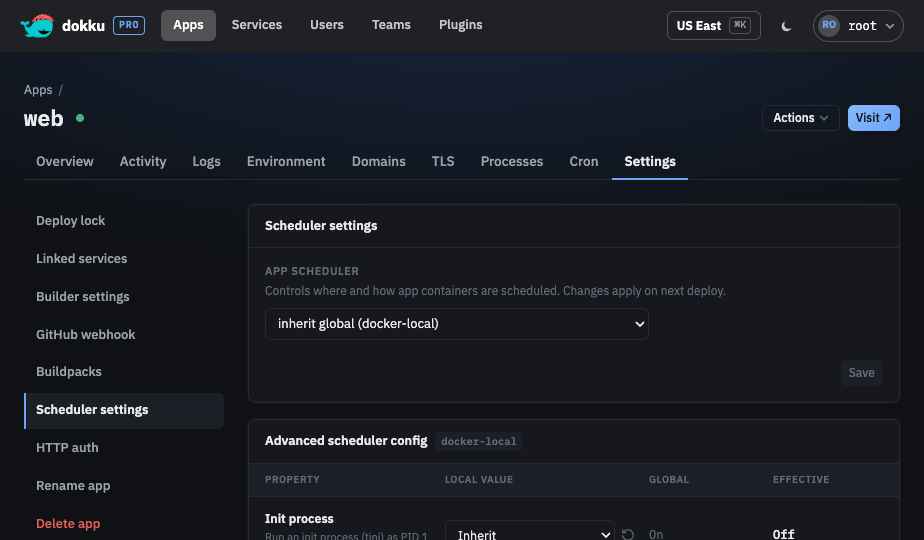 The advanced scheduler config card for an app running under docker-local