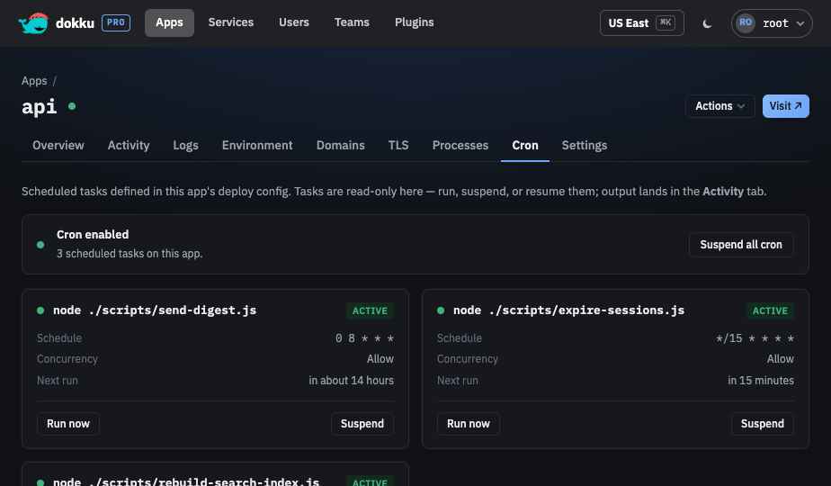 The Cron tab listing an app's scheduled tasks with schedules and next run times