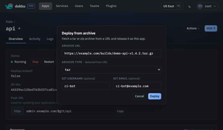 The deploy from archive dialog with an archive URL and detected type