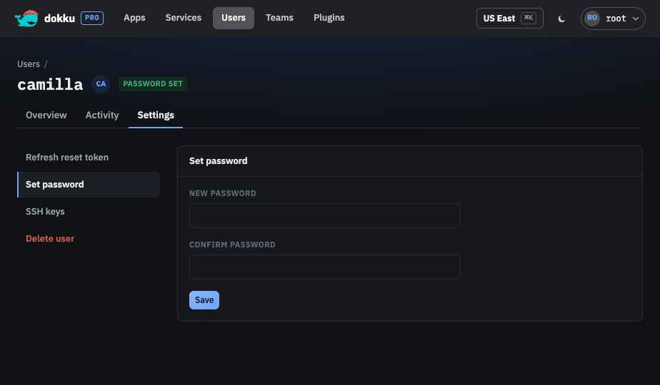 The Set password section of a user's settings with both password fields