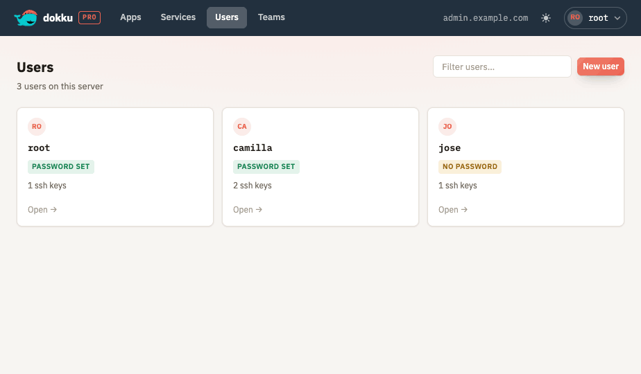 The users list showing each user account