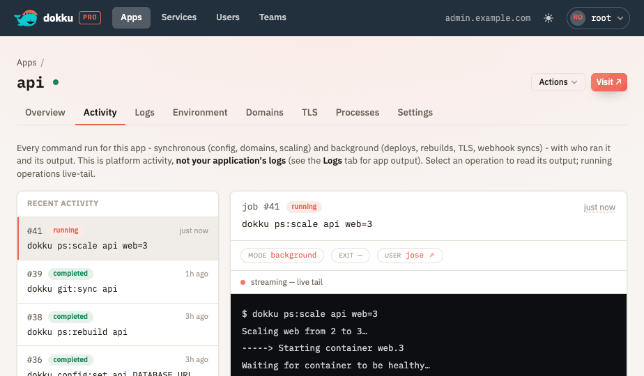 The Activity tab listing an app's recent commands in a master-detail layout