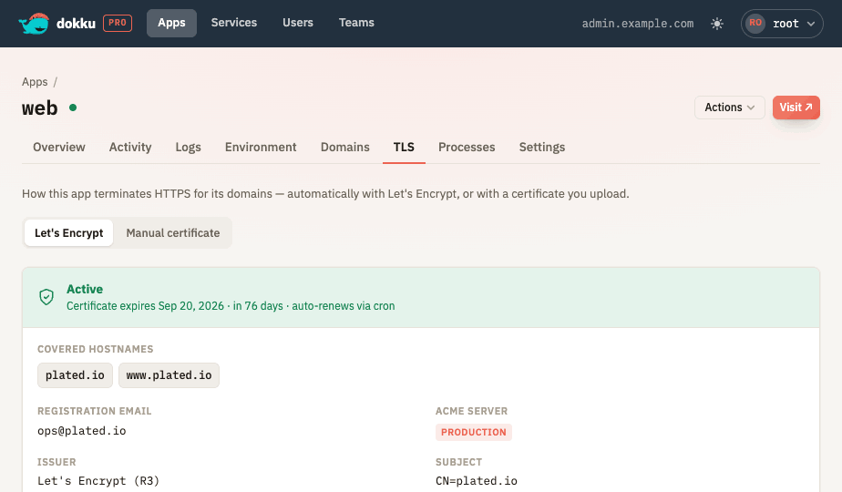 The TLS tab switching between Let's Encrypt and a manual certificate