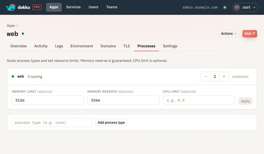 The Processes tab showing per-process-type scaling and resource limits