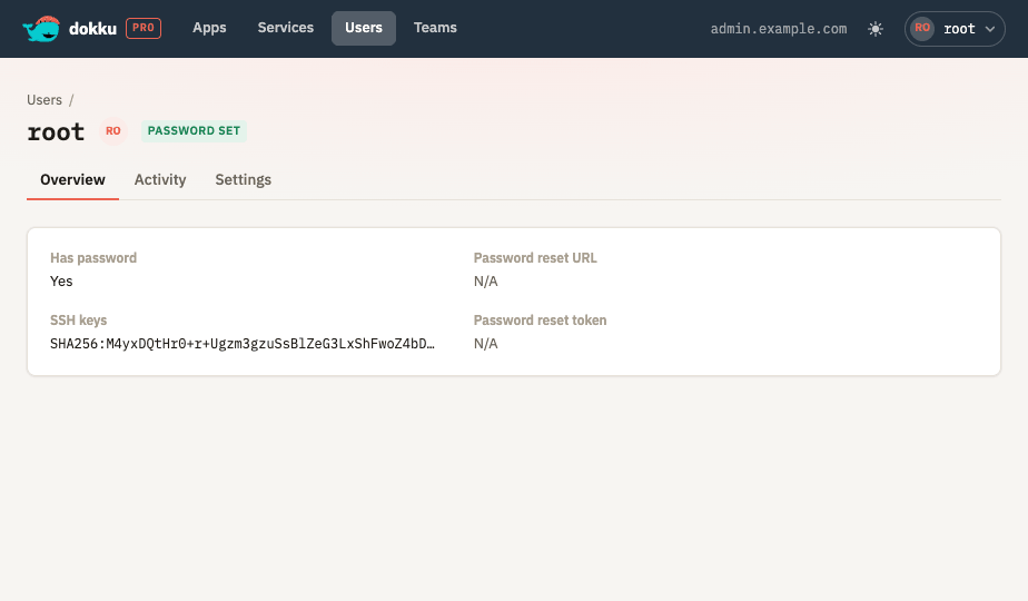 A user's detail page showing password status, SSH key fingerprints, and reset link