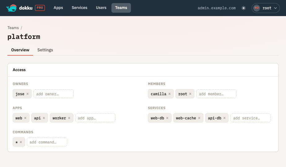 A team's edit page with type-ahead pickers for owners, members, apps, services, and commands