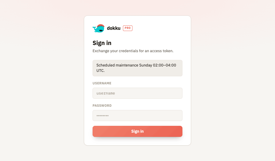 The Dokku Pro sign-in screen with username and password fields