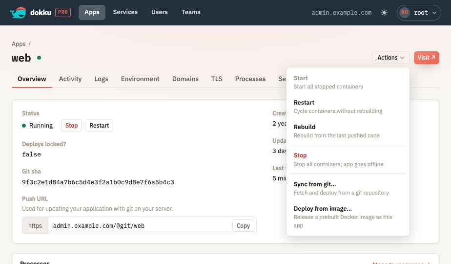 The app Actions menu open with the Sync from git option highlighted