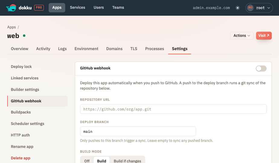 The GitHub webhook settings form showing the Enabled, Repository URL, Deploy branch, and Build mode fields