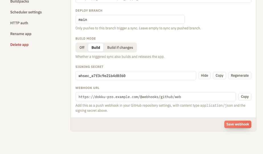 The signing secret and read-only webhook URL, with reveal and copy controls