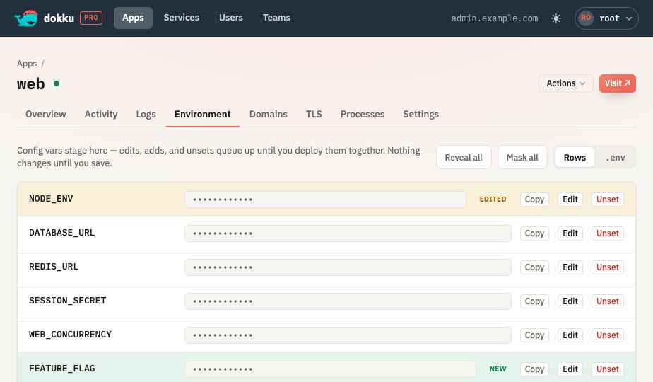 Staged environment variable changes shown as chips before deploying