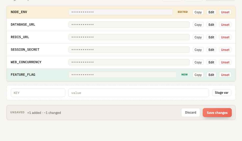 The commit bar summarizing pending environment changes before deploying them together