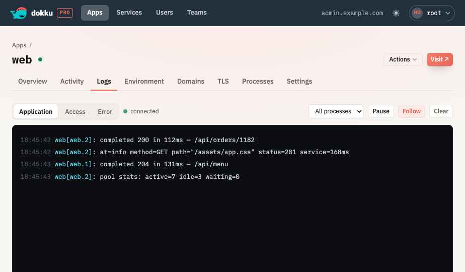 The app Logs tab streaming live application output over a WebSocket