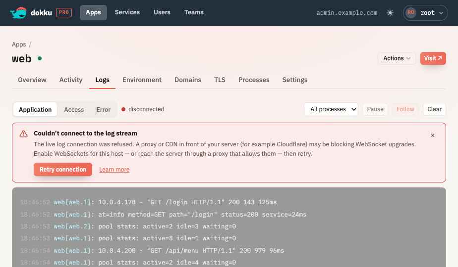 The Logs tab showing a WebSocket connection-error banner with a Retry button