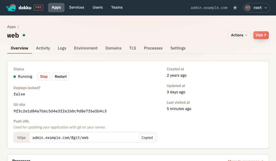 An app page showing the git push URL to deploy over HTTP