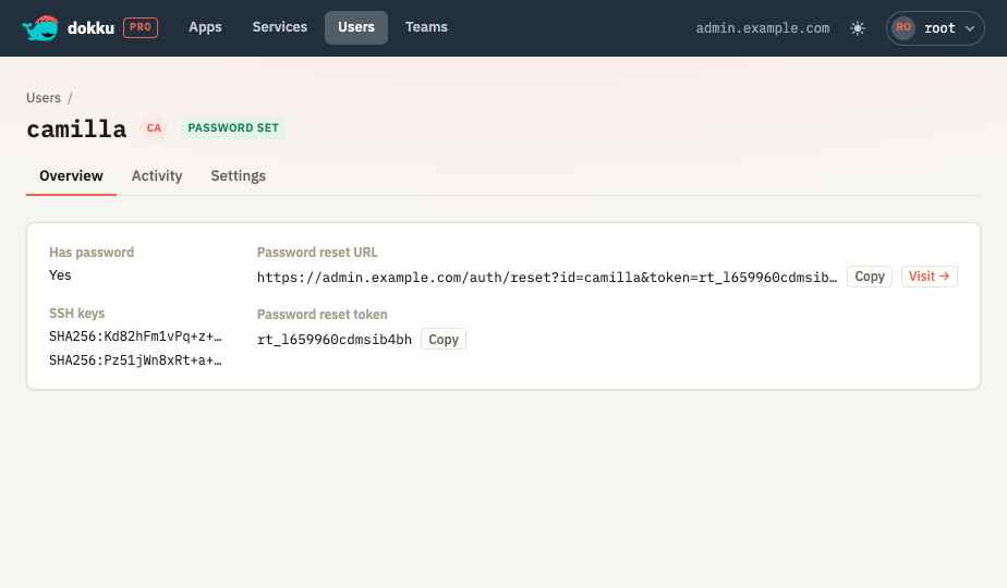 A user's page showing the generated single-use password reset link and token