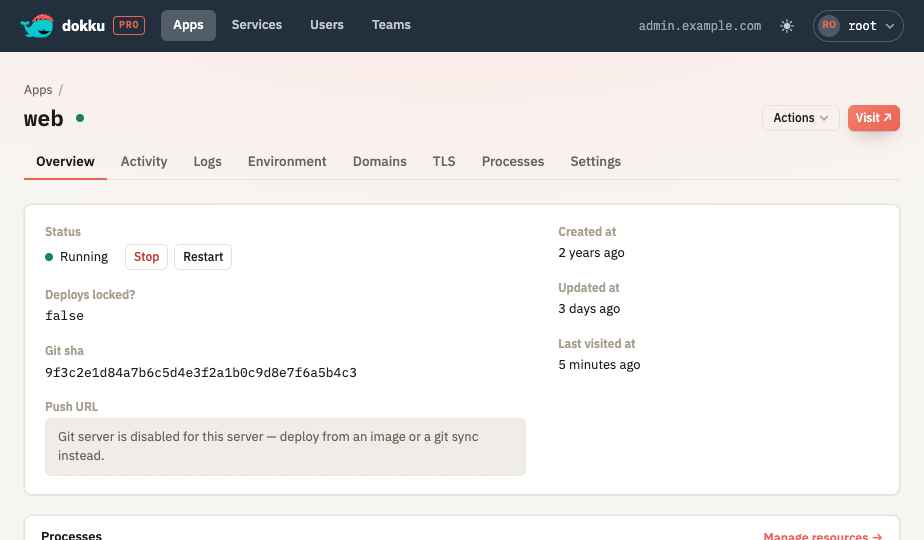 An app page with the Git HTTP server disabled and no push URL shown