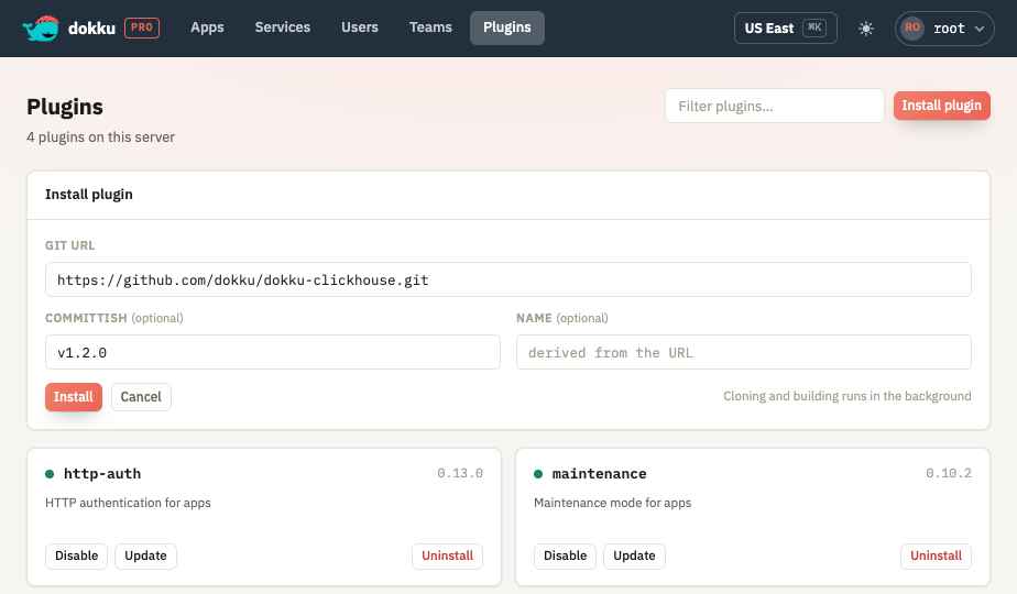 The install plugin form with a git URL, committish, and name