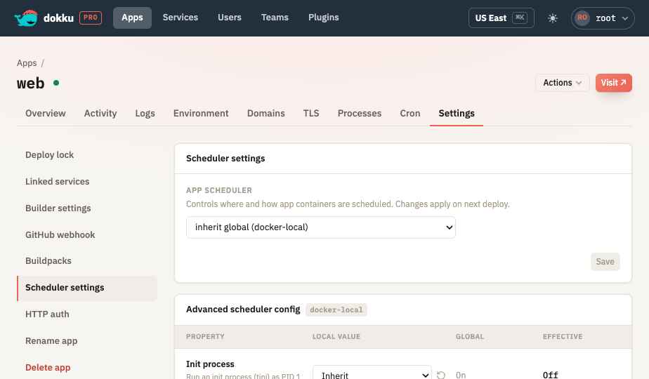 The advanced scheduler config card for an app running under docker-local