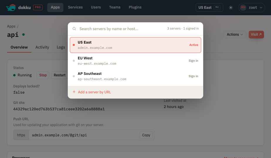 The server switcher listing the configured servers and their sign-in state