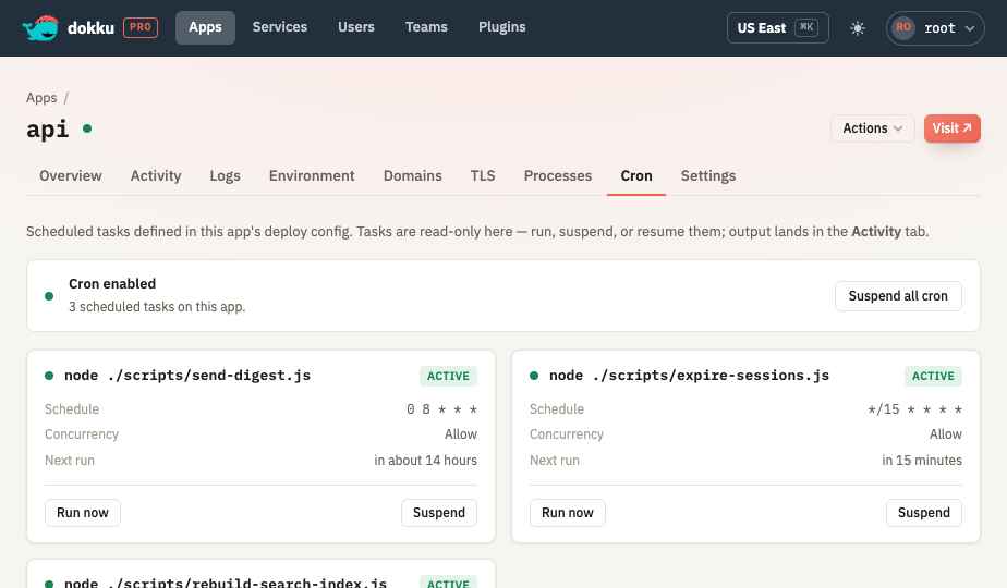 The Cron tab listing an app's scheduled tasks with schedules and next run times