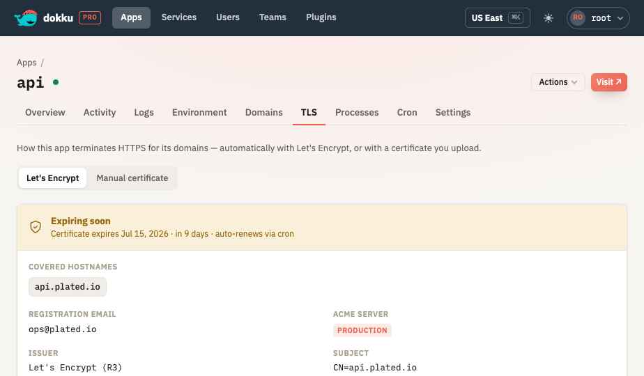 The TLS tab showing the cert-manager panel for an app running under k3s