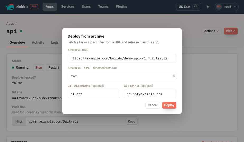 The deploy from archive dialog with an archive URL and detected type