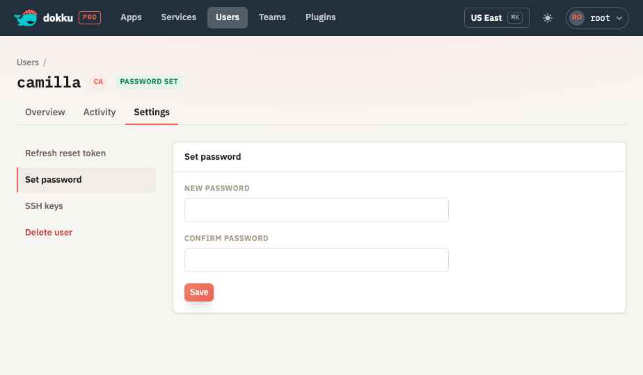 The Set password section of a user's settings with both password fields